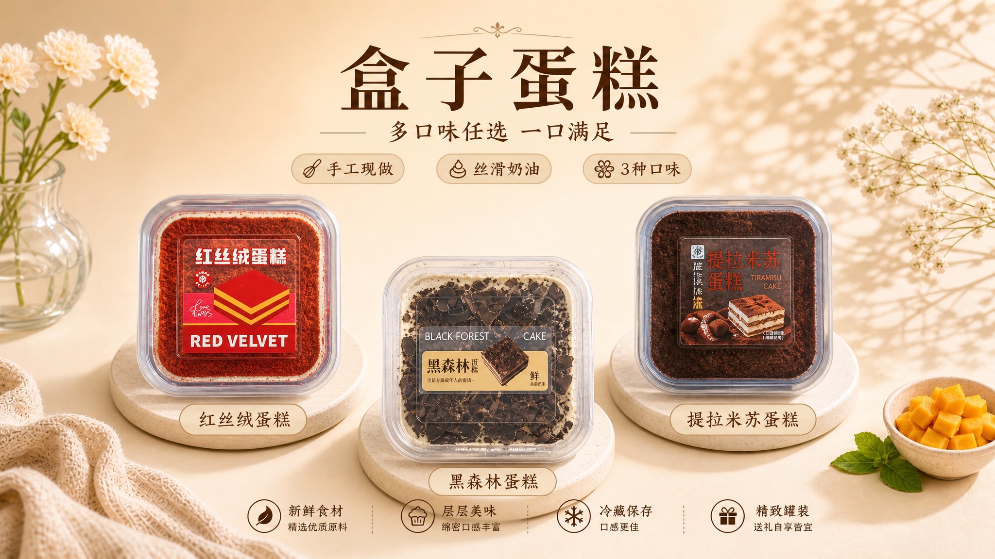 参考图4的整体版式骨架与暖调治愈氛围，制作一张3款盒装蛋糕的营… - 图片创意预览