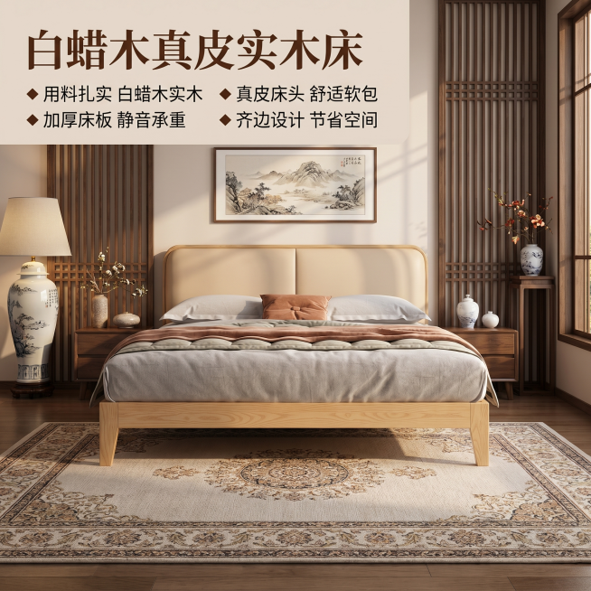 [主图 1] 白蜡木真皮实木床在国潮新中式卧室场景首图。[氛围风格] 国潮新中式风格，温馨居家生活感。[画质] 商业摄影质感、光线柔和通透、产品清晰真实、画面干净高级。[元素] 保持白蜡木真皮软包实木预览效果