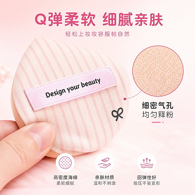 [主图-3] 材质细节与肤感展示，微距特写棉花糖粉扑的材质纹理和柔软度，突出细腻触感和高品质。
[统一基调] 整体风格甜美清新，粉白少女感，背景为柔和渐变的浅粉色到奶油白色，带轻微柔光效果；主标题字体为干净圆润非衬线体，深粉色主标题字，浅粉色辅助字色，强调色为玫粉色；卡片和图标用圆角柔边设计，整体通透干净。
[画面] 画面主体为一颗水滴形粉扑的超近距离微距特写，展示粉扑正面的粉白条纹织带细节和侧面海绵的细密气孔纹理；粉扑略微倾斜，底部有轻微按压变形的效果，展示其柔软Q弹的特性；画面右侧有一个圆形放大视窗，放大展示粉扑海绵的细密气孔微观结构，视窗下方标注"细密气孔 均匀释粉"；画面左下角有一根手指轻轻按压粉扑边缘的局部特写，展示柔软度和回弹性。
[光影质感] 微距商业摄影质感，柔和侧光突出粉扑表面的纹理细节和立体感，海绵气孔清晰可见，织带面料有真实的织物纹理，整体光线细腻，质感高级。
[配色] 主背景浅粉渐变到奶白，产品保持原有粉白条纹和肤色海绵外观，放大视窗边框用玫粉色，文字深灰色，整体色调统一。
[文字版式] 画面顶部居中放置大字号主标题"Q弹柔软 细腻亲肤"；放大视窗旁有标注文字，底部有三个小图标分别标注"高密度海绵""亲肤材质""回弹性好"，文字清晰不遮挡主要细节。
[输出要求] 1:1正方形比例，2K分辨率，材质细节清晰锐利，文字清晰，色彩准确；负向：变形、错字、模糊、杂乱背景、水印、平台Logo、材质失真。