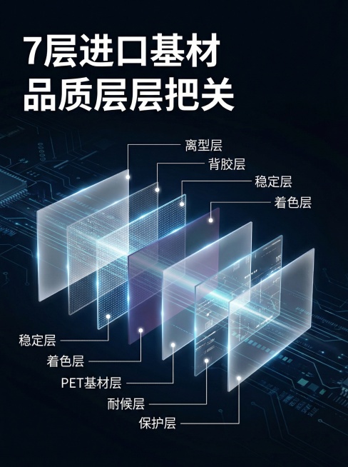 [主图 3：7层基材结构解析] 产品解析图，科技风，深色背景，横向层叠爆炸图展示我们汽车改色膜的7层基材结构，每层使用纤细引线标注对应的名称：离型层、背胶层、稳定层、着色层、PET基材层、耐候层、保护预览效果
