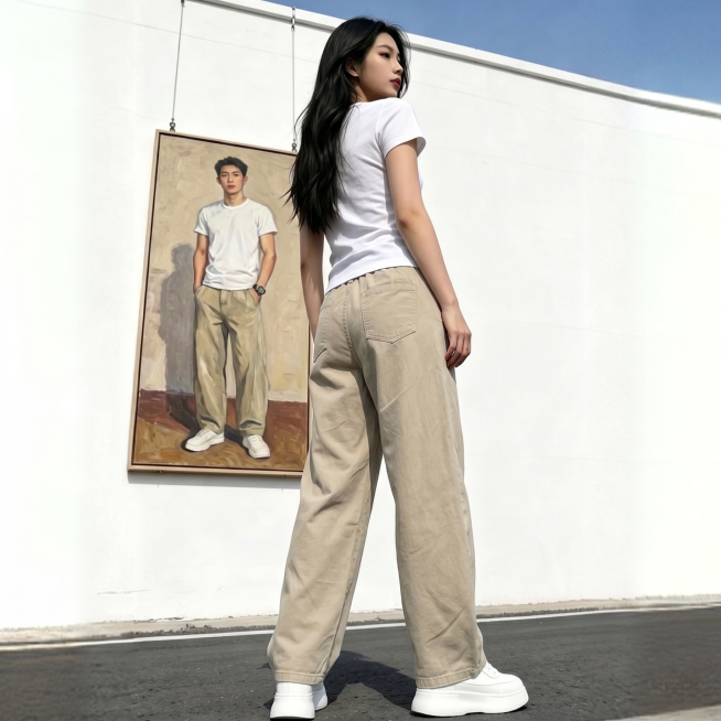 将图中女生的蓝色牛仔裤以及油画里男生的蓝色牛仔裤都替换成图二中的卡其色阔腿香蕉裤，保持整体画面构图、人物姿势和其他元素不变预览效果