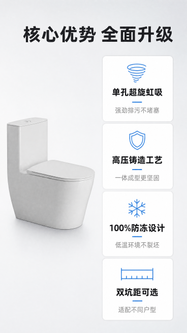 [第2屏] 核心卖点整体展示页，单孔超旋虹吸式防冻座便器核心优势汇总。
[氛围/风格] 现代简约干净版式，信息清晰展示，轻松易读，适配小红书移动端浏览。
[元素布局] 本屏使用【图1】提取产品外观，左预览效果