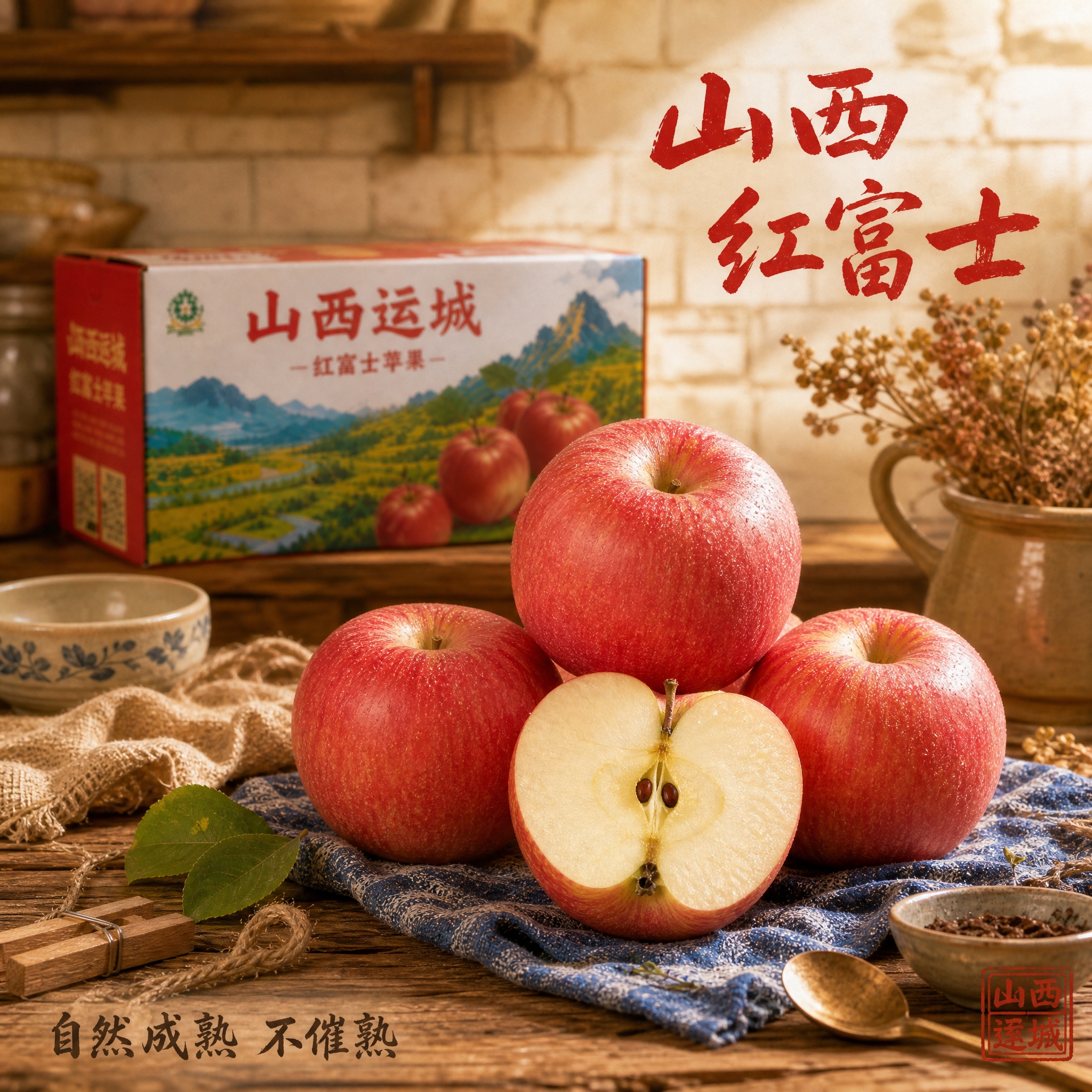 复古厨房风格电商主图海报。画面右上角有赤红色手写毛笔字"山西红… - 图片创意预览
