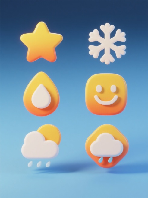 一系列六个规整排布的图标集合，保持原3D立体图标风格，每个图标拥有黄色渐变主体、橙色描边和底部阴影的质感，光影从图标顶部偏左位置照射，呈现明亮高光和柔和阴影过渡。包含星星，雨滴，雪花，笑脸图标，以及另预览效果