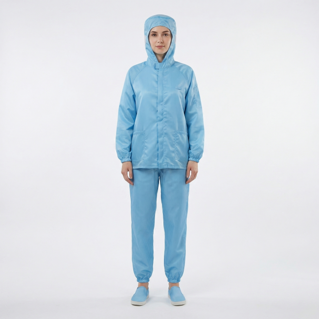 将这套浅蓝色条纹连帽分体防护服替换到女性模特身上，女性模特穿着这套防护服保持站姿，干净简约背景，专业服装展示效果，保留服装原本的颜色和条纹纹理，整体自然真实预览效果