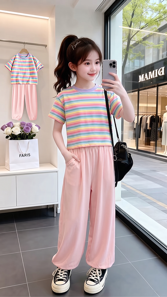 用图1短袖和裤子替换掉图2的模特身上穿的衣服裤子和后方衣架上挂着的衣服裤子，保留原场景光影，保持图2的人物的五官和发饰不变，姿势不变，背景不变，图片宽高尺寸不变，保持图1的短袖和裤子的款式材质不变和颜色不变，高清