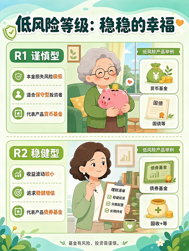 [商品] 无实物商品，基金风险等级科普长图文第4张
[画面] 目标：详解R1谨慎型和R2稳健型低风险基金。上下分栏布局，上半部分R1区域：绿色调，卡通老奶奶抱着储蓄罐安心微笑，旁边是货币基金、国债等低风险产品图标；下半部分R2区域：浅绿色调，卡通中年阿姨拿着理财清单从容淡定，旁边是债券基金、固收+等产品图标。两个区域用柔和分割线分开，各有特色漫画小场景。
[视觉] 套系策略：风格=趣味扁平漫画风；标题字=圆润可爱粗体卡通字；正文字=简洁圆润无衬线体；主色=清新蓝绿渐变；背景延展=基于蓝绿色做深浅层级、同色渐变和柔和几何图形点缀；强调色=暖橙色，仅用于小面积图标、引线和重点标签；标题色=深蓝绿；正文色=深灰；组件=圆角彩色信息卡、虚线引线、可爱图标；光影=平涂风格，柔和均匀光线。
[文字] 顶部主标题"低风险等级：稳稳的幸福"，R1区域标题"R1 谨慎型"，配3个要点：本金损失风险极低、适合保守型投资者、代表产品货币基金；R2区域标题"R2 稳健型"，配3个要点：收益波动较小、追求稳健增值、代表产品债券基金。文字横向排版，清晰易读。
[规格] 图片比例3:4竖版长图文，分辨率4K，避免变形、错字、文字过小、信息杂乱、竖排文字