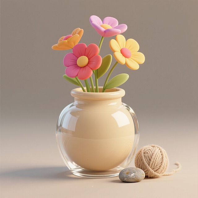 一个米黄色陶罐里插着几支鲜花，小小的鹅卵石、毛线球装饰，暖灰色背景。
