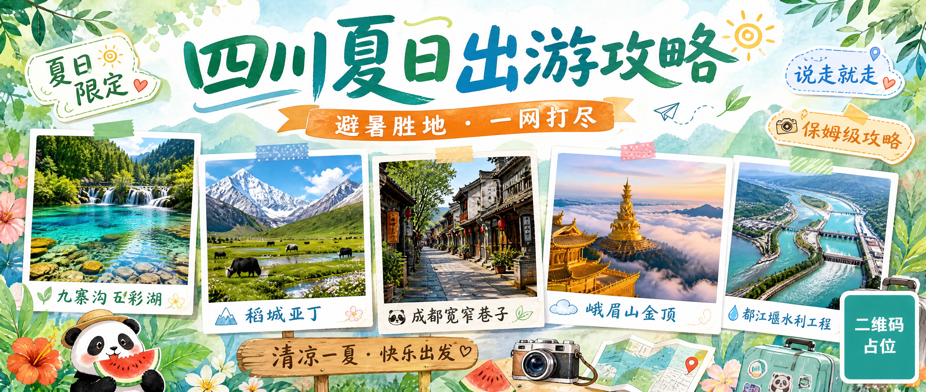 微信公众号首图海报，四川夏日出游攻略主题，手绘水彩风格，清新夏… - 图片创意预览