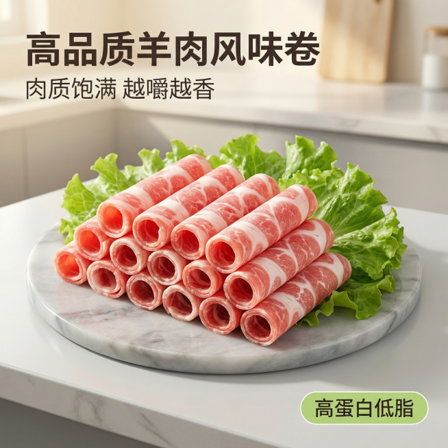 [主图 1] 精选高品质羊肉风味卷首图，展示产品新鲜诱人食欲
[氛围/风格] 生鲜美食风格，自然暖光，突出新鲜食欲感，通透红润色泽，质感细腻
[画面元素] 保持原图羊肉卷造型和大理石纹理，摆在干净质感预览效果