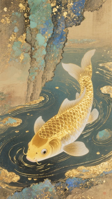 金箔岩彩风格，一条在水中灵动游动的金鱼，浑身散发耀眼的金色光芒，鳞片闪烁金箔般的光泽，光影在金鱼身上流转，华丽而神秘的氛围预览效果