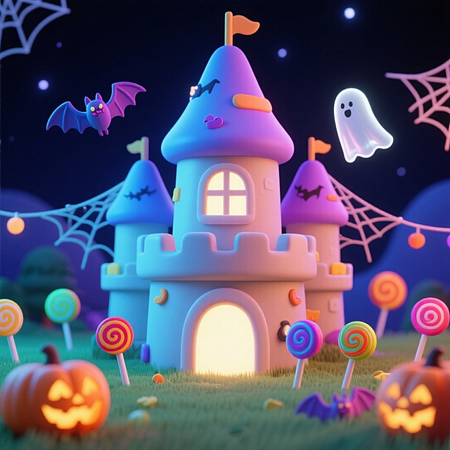 一座奇幻城堡，城堡上有发光的窗户，城堡周围有多个棒棒糖装饰，还有蝙蝠、蜘蛛网、幽灵等万圣节元素点缀。背景为深色夜空。