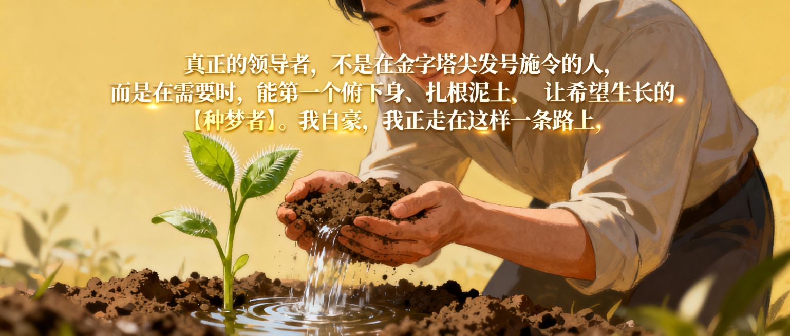 真正的领导者，不是在金字塔尖发号施令的人，而是在需要时，能第一个俯下身、扎根泥土，与众人一起让清泉涌出、让希望生长的『种梦者』。我自豪，我正走在这样一条路上。

根据上述文字的意思，生成比例尺寸为2.预览效果
