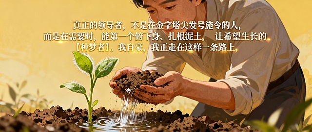 真正的领导者，不是在金字塔尖发号施令的人，而是在需要时，能第一个俯下身、扎根泥土，与众人一起让清泉涌出、让希望生长的『种梦者』。我自豪，我正走在这样一条路上。

根据上述文字的意思，生成比例尺寸为2.35:1，符合内容的公众号首图。