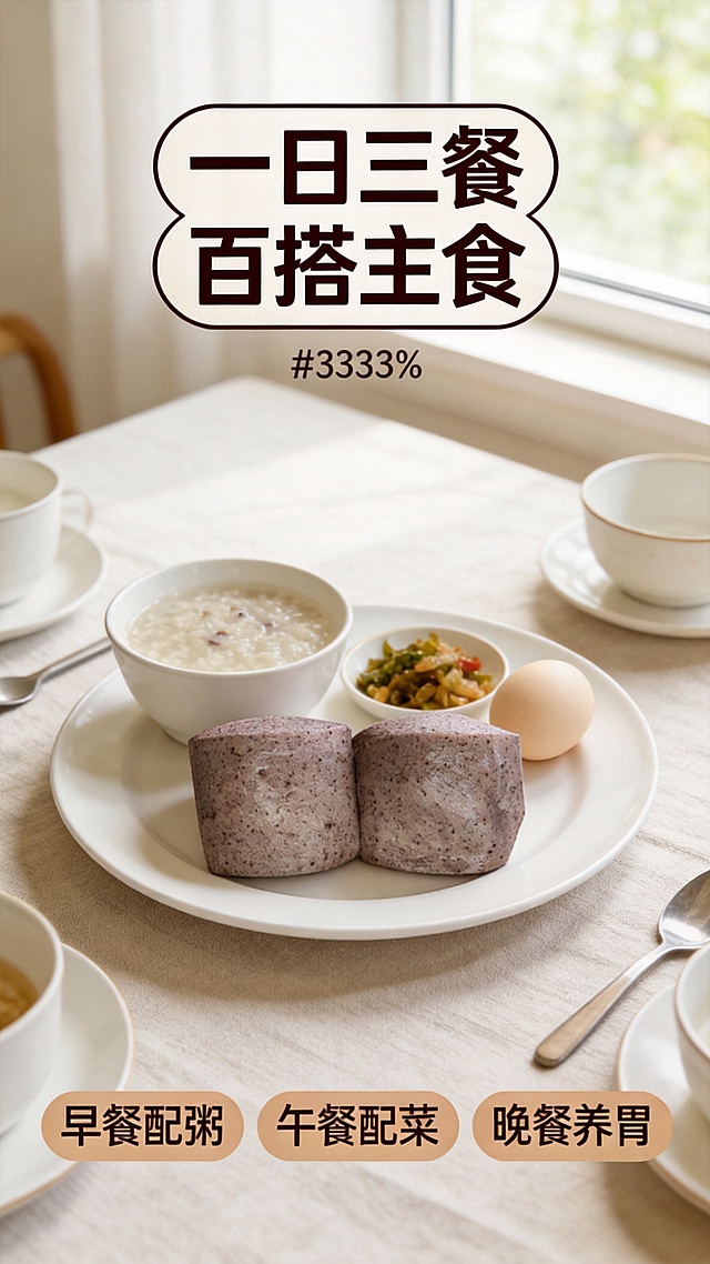 [第4屏 食用场景展示] 吉美老酵紫米面馒头家常场景展示屏。[氛围/风格] 温馨生活化，家常餐桌氛围，暖光自然，真实有食欲。[元素布局] 餐桌场景俯拍：白瓷盘里放两个紫米面馒头，旁边搭配清粥、小菜和一颗水煮蛋，馒头放在餐盘中心主体位置，保持原产品颜色形状，周围餐具摆放整齐，背景是干净棉麻桌布，整体9:16竖版满铺。[光影质感] 窗户自然光漫射，光影柔和温暖，营造家常早餐的温馨感，食物清晰通透。[配色色系] 全局底色 #F5EFE2 米黄色；主体配色：#BFB5A5紫米灰 + #5C5346深褐颗粒；辅助色：#FFFFFF瓷盘白 + #EAE0CC桌布色 + #333333深棕字。[视角构图] 略微俯视，完整展示早餐搭配场景，构图饱满层次清晰。[文字版式] 顶部居中主标题“一日三餐 百搭主食”，深棕圆角粗体字，字色#333333，纯色填充，字号为画面宽度9%；底部三个场景卖点分横排排列：早餐配粥、午餐配菜、晚餐养胃，每点加浅棕色块底衬，字体风格和字色与首屏保持一致。[比例分辨率] 9:16，2K分辨率，文字清晰可辨，超高清。[负向提示词] 馒头变形，颜色偏差，文字错乱，场景杂乱，食物不新鲜。