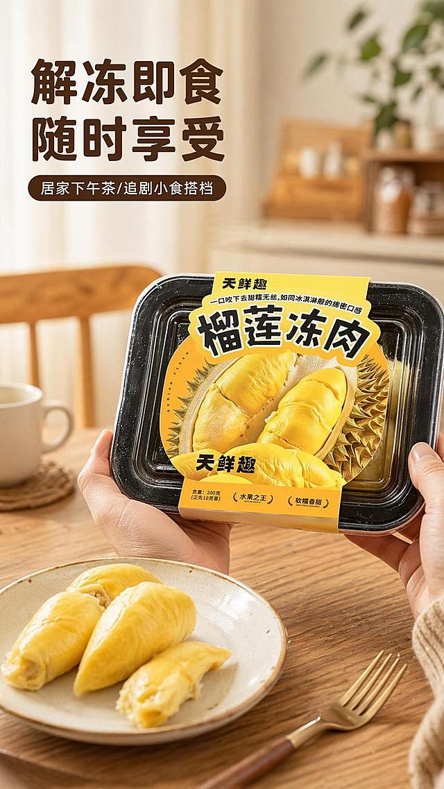 [第5屏] 详情页食用场景种草屏-家常解冻即食场景展示。本屏使用【图2】手持商品包装盒展示。
[氛围/风格] 温馨居家场景，日常治愈风，生活化美食摄影质感。
[元素布局] 手捧包装盒放置于餐桌木质台面，台面上搭配餐盘和叉子，露出解冻好的果肉块，商品包装清晰可见占比约50%，背景虚化餐厅环境增加层次。保留商品包装结构、文字与输入产品图一致。
[光影质感] 室内柔和自然光，整体光影温暖，阴影自然柔和。
[配色色系] 全局底色 #F5EFE0；主色暖木色台面，辅助色金黄色果肉、深棕文字。
[视角构图] 45度斜侧视角，景深适中，突出产品。
[文字版式] 主标题「解冻即食 随时享受」，副标题「居家下午茶/追剧小食搭档」，文字放置于左上角，不遮挡产品主体，字体保持圆角黑体风格统一。
[比例分辨率] 9:16 竖版比例，4K分辨率，文字清晰可辨，高清画质。
[负向提示词] 产品变形，包装文字错乱，手部畸形，背景杂乱，文字遮挡主体