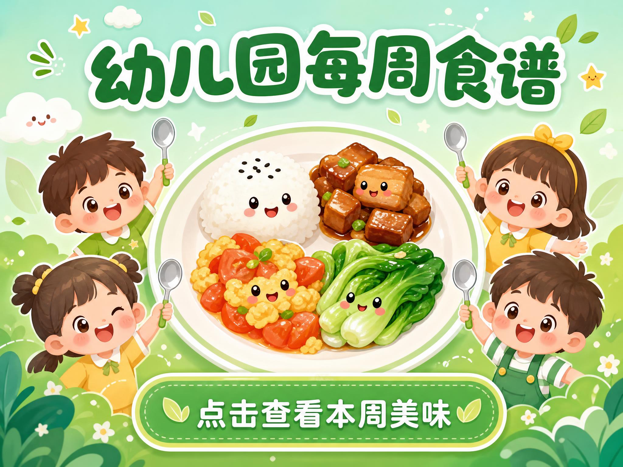 一张幼儿园食谱小程序分享封面图，可爱卡通风，清新绿色系为主色调… - 图片创意预览