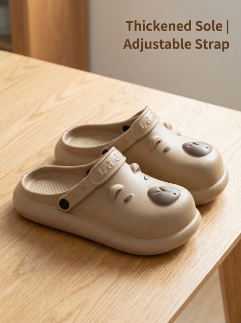 [Image 5] Side multi-angle display of khaki bear hole-free clogs, fashion casual style, light solid预览效果