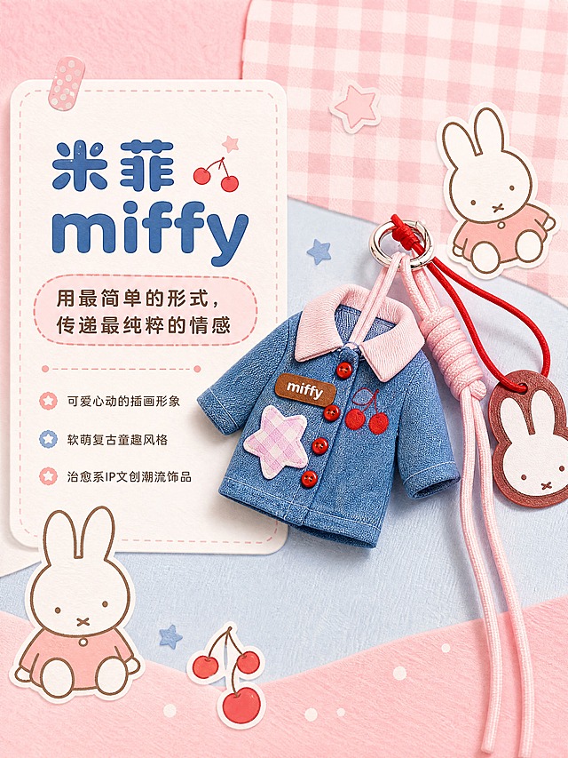 [商品] 使用【图1】米菲牛仔外套造型钥匙扣挂件；保留牛仔蓝色布料、粉色衣领、红色纽扣、miffy棕色铭牌、粉白格纹星星贴布、樱桃图案、粉色编织挂绳、米菲兔头吊牌的全部结构与颜色；增强材质质感，不改变版型。
[画面] 目标：IP品牌故事，传递米菲核心理念。构图：左文右图型，右侧展示挂件主体，左侧为品牌理念文字区，背景融入米菲兔子插画、格纹、星星、樱桃等软萌元素，整体营造治愈系品牌氛围。主体占画面约45%。景别：中景。
[视觉] 套系策略：风格=软萌复古童趣治愈系文创商业摄影；标题字=圆润粗圆体；正文字=圆角无衬线体；主色=牛仔蓝+樱花粉；背景延展=基于粉蓝做浅渐变、同色格纹纹理和细腻纸张/织物质感；强调色=樱桃红，仅用于小面积图标、引线和标签点缀；标题色=深牛仔蓝；正文色=暖灰棕；组件=圆角信息卡、虚线引线、圆点装饰；光影=左前侧暖柔光，柔和漫反射，阴影轻透。
[文字] 左侧主标题「米菲 miffy」，副标题「用最简单的形式，传递最纯粹的情感」，下方3行短文案：「可爱心动的插画形象」「软萌复古童趣风格」「治愈系IP文创潮流饰品」。文字全部横排，层级清晰，不遮挡右侧挂件主体。
[规格] 图片比例3:4竖版，分辨率4K，quality=medium。避免变形、错字、文字过小、冷灰背景、商品颜色改变、结构失真、极限词。