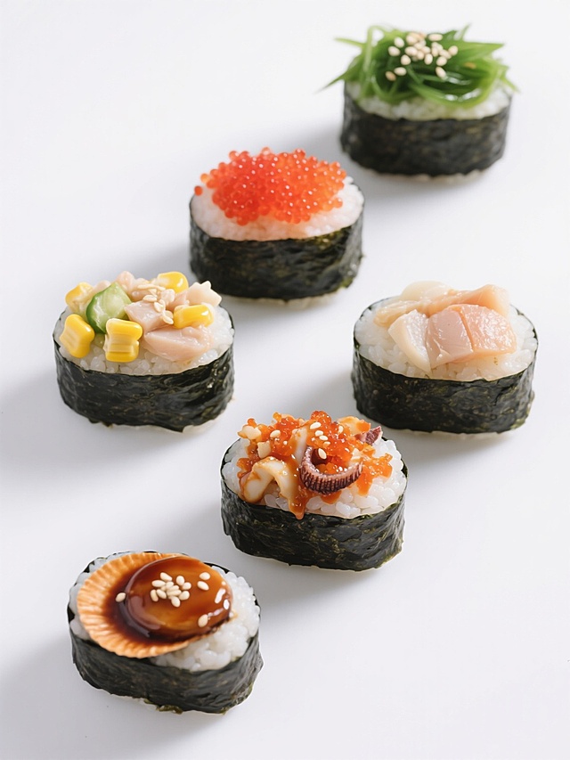 白底背景，六枚不同种类的日式军舰寿司整齐排列成两行三列，每枚寿司均由黑色海苔包裹醋饭制成椭圆形基底，顶部分别铺有：翠绿海草撒白芝麻、鲜红蟹籽、金黄甜玉米粒、奶白金枪鱼玉米沙拉、橙红酱汁鱿鱼碎、棕红油亮扇贝柱配白芝麻，整体采用高清晰产品摄影风格，光线明亮柔和，色彩饱和真实，突出食材细节与新鲜感，无文字及装饰元素。