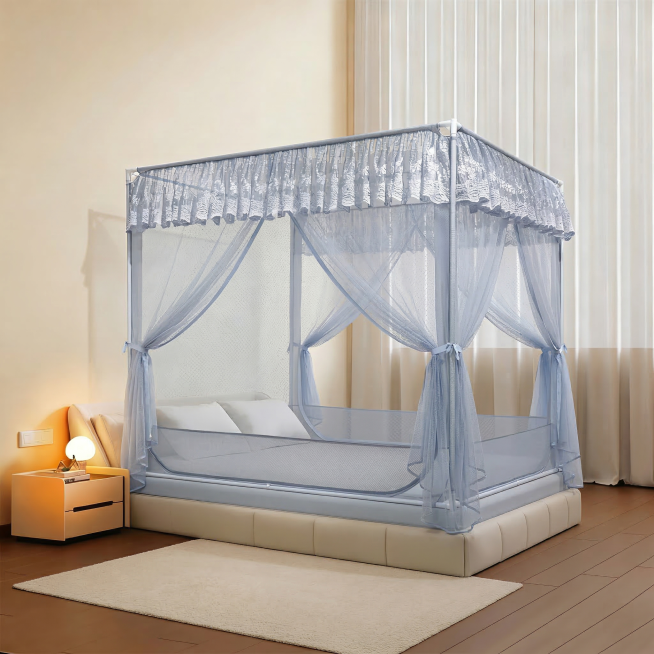 将蚊帐门沿着T型门拉链拉开到支架边缘系起来，其余画面保持不变预览效果