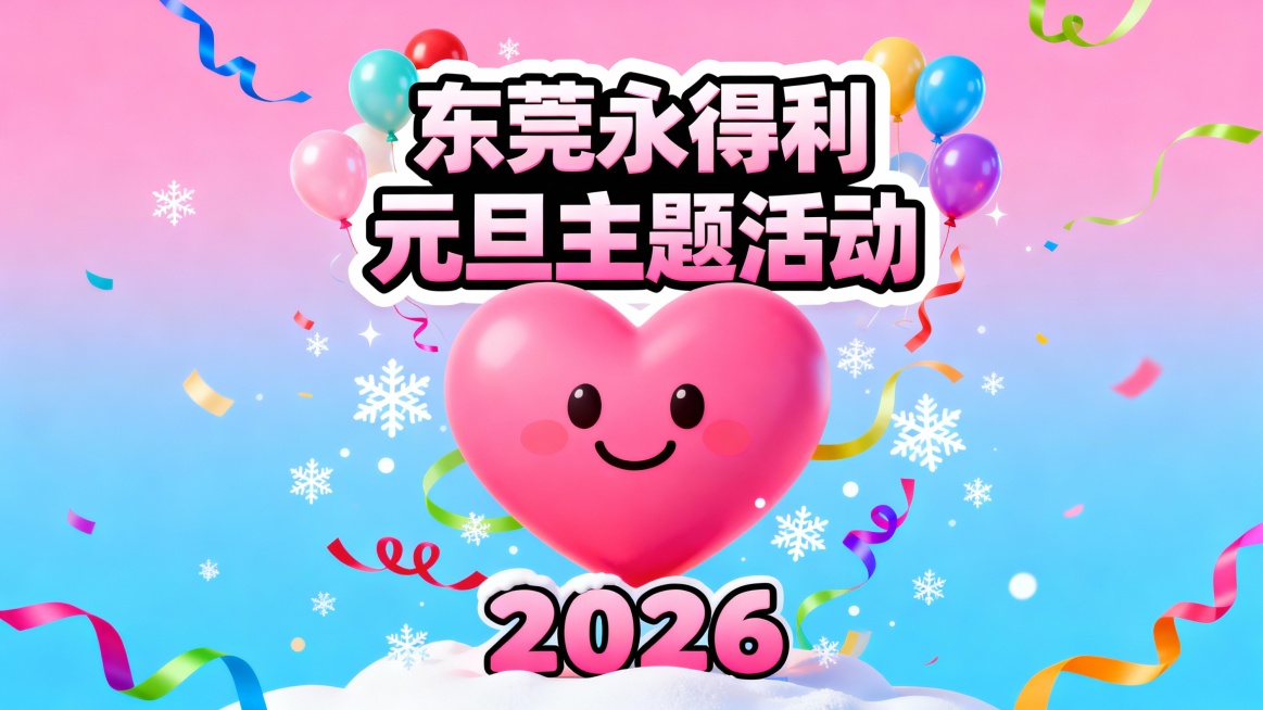 帮我生成一个横版元旦海报，标题为东莞永得利元旦主题活动，不要时间，标题字体要艺术字，整体风格卡通一点预览效果