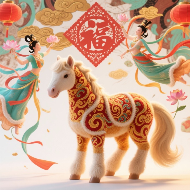 2026马年春节主题，敦煌壁画风格与毛绒质感结合的插画。画面中央是一匹身披传统敦煌纹样的毛绒骏马，马身覆盖金色与红色交织的卷草纹、祥云纹，鬃毛和尾巴呈现蓬松柔软的毛绒质感，眼神灵动温和。背景融入敦煌壁预览效果