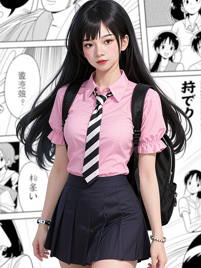 写真摄影，海贼王娜美Cosplay形象鲜明。她有着乌黑的长发，自然垂落，发丝柔顺有光泽。身着粉色的短袖衬衫，领口是俏皮的翻领设计，袖口有可爱的褶皱，搭配一条深色的短裙，肩上背着黑色的双肩包，胸前系着一条黑白条纹的领带，增添学院风。手腕上有简约的手环和手链。用细腻笔触刻画人物的发丝细节（如自然的垂坠、发丝的分层 ）、衬衫的面料（粉色的柔和、褶皱的精致 ）、领带的纹理（黑白条纹的清晰、布料的质感 ）、