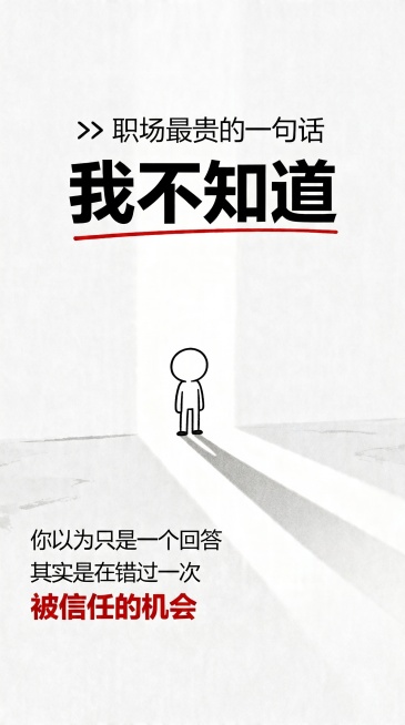 修改这张海报：1. 将顶部标题最前面的大于号 '>' 改成 '>>'；2. 拉开顶部标题和中间大字“我不知道”之间的行距；3. 删除倒数第二行文字末尾的“被信任的机会”，保留最后一行红色的“被信任的机预览效果