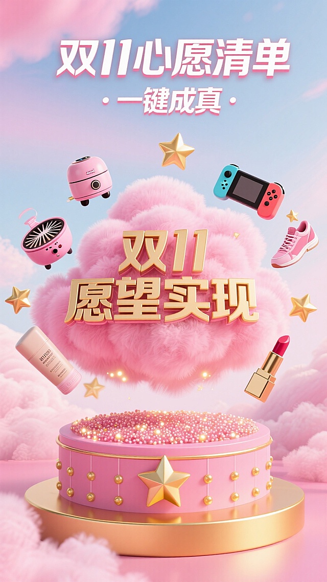梦幻粉色云朵托起鎏金文字，软3D风格产品环绕飞舞，粒子光点点缀，轻拟物蛋糕基座闪耀，营造甜蜜可爱双11氛围。