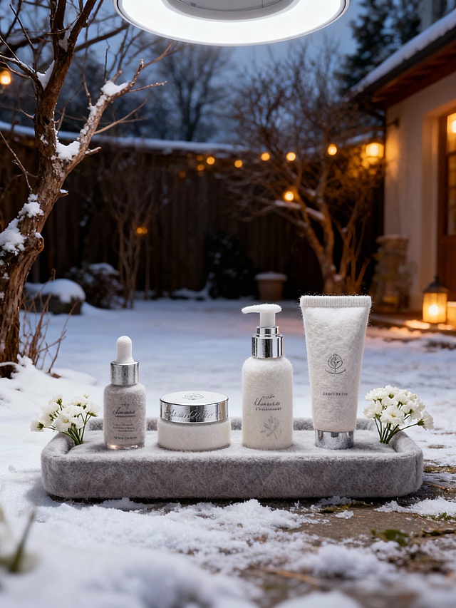 将图示商品变成毛毡质感，瓶身有精致文字与图案，还原商品颜色细节。冬日庭院场景