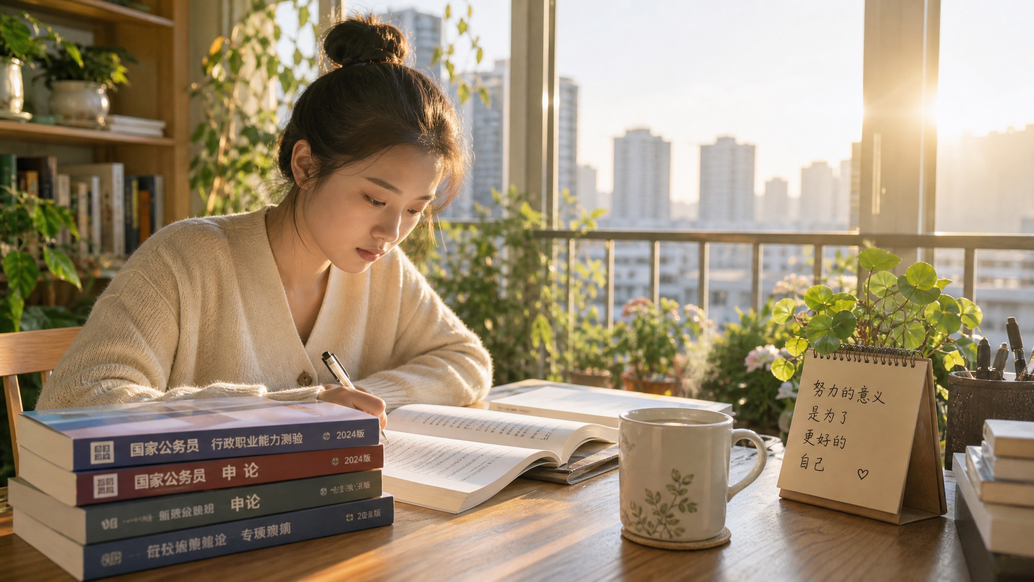 一位25-30岁的女性学生，清晨在阳台的小书桌前学习考公书籍，… - 图片创意预览
