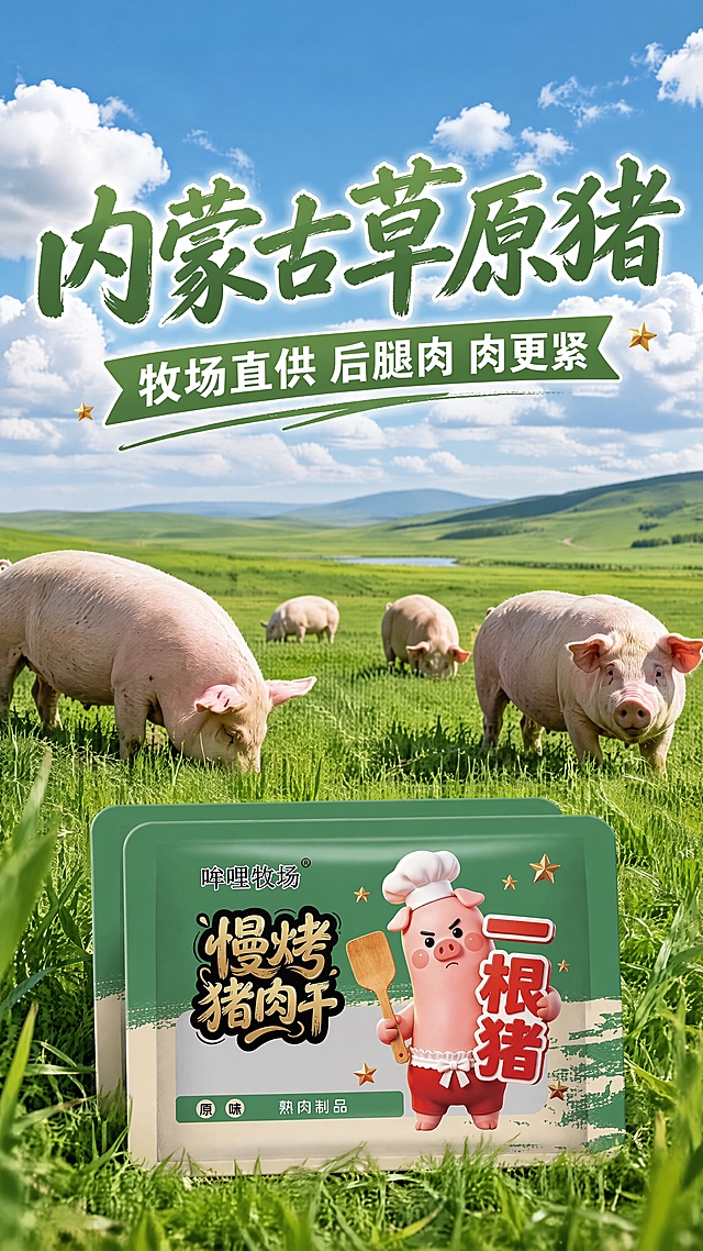 拼多多卖点图，内蒙古草原蓝天白云场景，绿色草地开阔自然，几头猪在草地上悠闲散养。下方叠放产品包装（原味绿色款），产地感强清新自然。主标题"内蒙古草原猪"，副标题"牧场直供 后腿肉 肉更紧"。天空湛蓝云朵蓬松，草地翠绿延伸至远方，阳光明媚。包装外观与参考图一致。竖版9:16，4K高清。