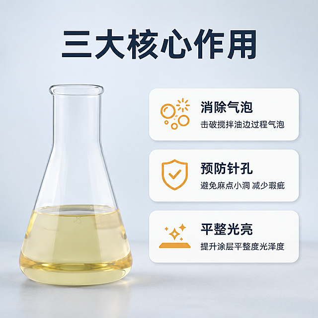 [主图-2] 皮边油消泡剂三大核心作用展示图。
[氛围风格] 专业工业化工质感 干净明亮 信息清晰；
[画质] 商业摄影质感 光线柔和通透 产品清晰真实 画面干净高级。
[元素] 画面左侧放置锥形玻璃瓶消泡剂产品 占画面约40%。右侧为三大核心作用卡片区 三张圆角卡片竖向排列 每张卡片配一个小图标。背景为浅灰蓝色 比首图略浅 底部有微弱台面。**保持锥形玻璃瓶内淡黄色消泡剂的外观 物理结构 材质质感 颜色与输入产品图一致 杜绝任何变形和色差 精细化处理**。
[光影] 左前侧主柔光 右侧补光 瓶身通透有高光 卡片区域均匀明亮 整体干净专业。
[配色] 主色浅灰蓝背景 辅色白色卡片 强调色琥珀黄图标点缀 深灰蓝文字。
[视角构图] 平视 产品在左 信息卡片在右 左右平衡构图 景深中等。
[文字版式] 顶部大标题"三大核心作用" 深灰蓝色粗体无衬线 居中偏上。右侧三张白色圆角卡片 每张卡片左侧一个图标 右侧文字 卡片1 气泡破裂图标+标题"消除气泡"+说明"击破搅拌油边过程气泡" 卡片2 盾牌图标+标题"预防针孔"+说明"避免麻点小洞 减少瑕疵" 卡片3 光泽表面图标+标题"平整光亮"+说明"提升涂层平整度光泽度"。文字左对齐 标题粗体 说明常规体。
[输出要求] 1:1比例 文字清晰锐利 画面超高清商业摄影质感。
[负向提示词] 变形 文字错乱 产品图模糊 背景杂乱 水印 电商平台Logo。