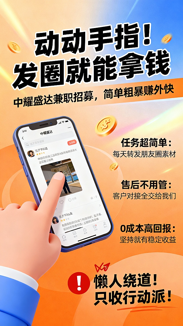 主标：动动手指！发圈就能拿钱
副标：中耀盛达兼职招募，简单粗暴赚外快
 任务超简单：每天转发朋友圈素材
 售后不用管：客户对接全交给我们
 0 成本高回报：坚持就有稳定收益
🚫 懒人绕道！只收行动派！
根据以上信息，设计一张9；16的海报，要求图文结合，画面体现文字内涵。
