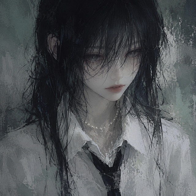 破碎感清冷黑发少女半身肖像，碎发遮眉眼，狭长狐狸眼，苍白冷白皮，隐忍忧郁眼神，穿着白衬衫系深色领带，佩戴细珠项链，数字油画厚涂，干刷斑驳笔触，粗颗粒画布噪点，水彩薄染混合油画堆色肌理，无硬轮廓线，低饱和青灰薄荷冷色调，Sadcore伤核，Grunge复古脏渍质感，柔和侧冷光，朦胧弥散氛围感，细腻皮肤体积塑造，高级灰配色，手绘插画，高细节，1024×1024像素方形画幅，与男性画面风格色调质感统一