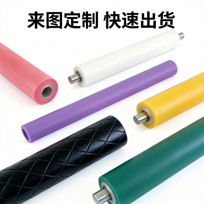 将6张优化后的辊类产品图片，在白色背景上进行错落有致的排版，布局美观协调，上方添加文字"来图定制 快速出货"，整体尺寸调整为1440*1440预览效果