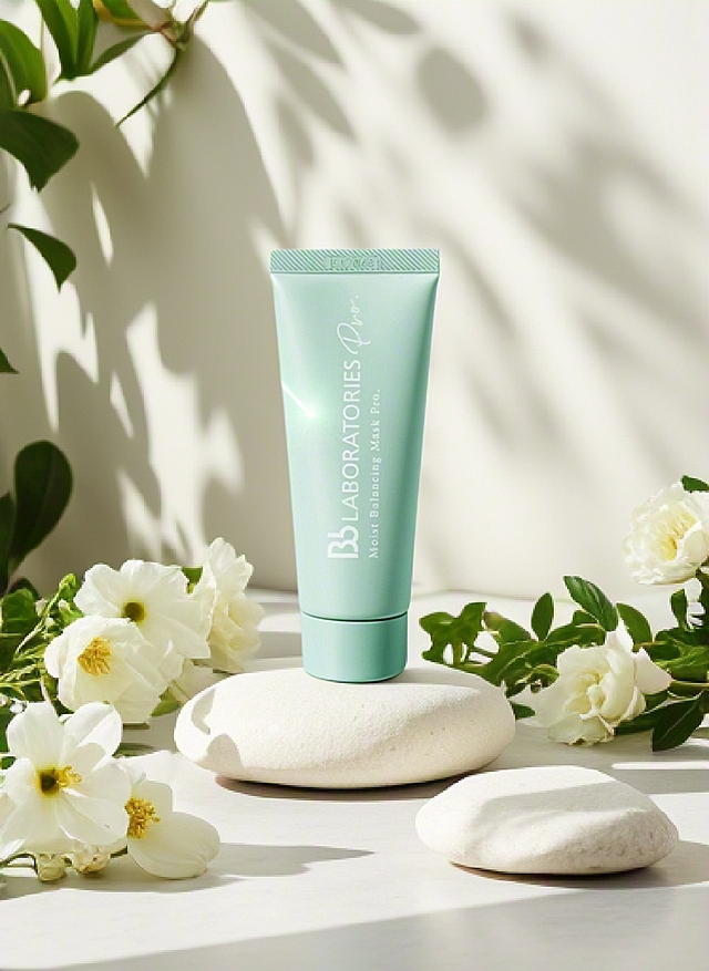 产品为主体，摆放白色石块做层次，把产品放在石块上，周围摆放白花，点缀绿色植物。