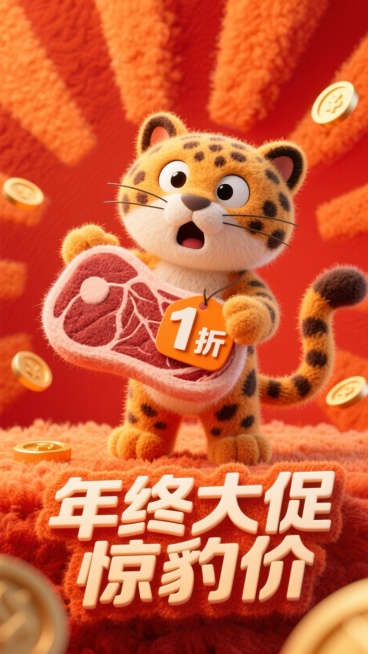 一只卡通豹子惊讶表情，拿着一个带价格标签“1折”的牛排，促销感橙红背景，放射线、金币元素点缀，画面下方3D文字标签“年终大促 惊豹价”。预览效果