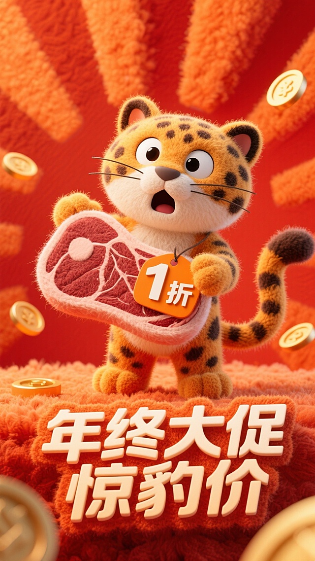 一只卡通豹子惊讶表情，拿着一个带价格标签“1折”的牛排，促销感橙红背景，放射线、金币元素点缀，画面下方3D文字标签“年终大促 惊豹价”。