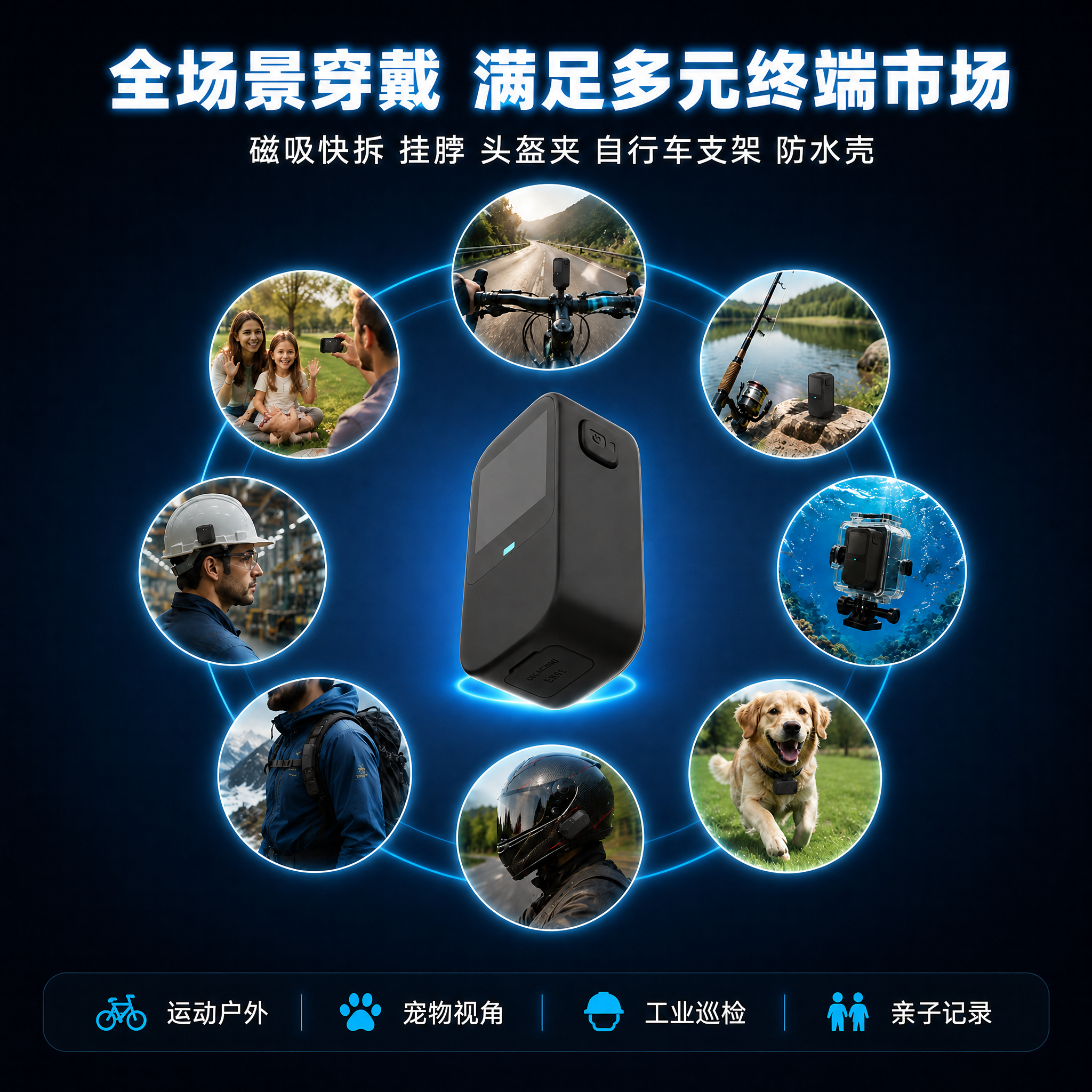 电商主图设计，拇指运动相机全场景穿戴主题。中心悬浮产品+8个圆… - 图片创意预览