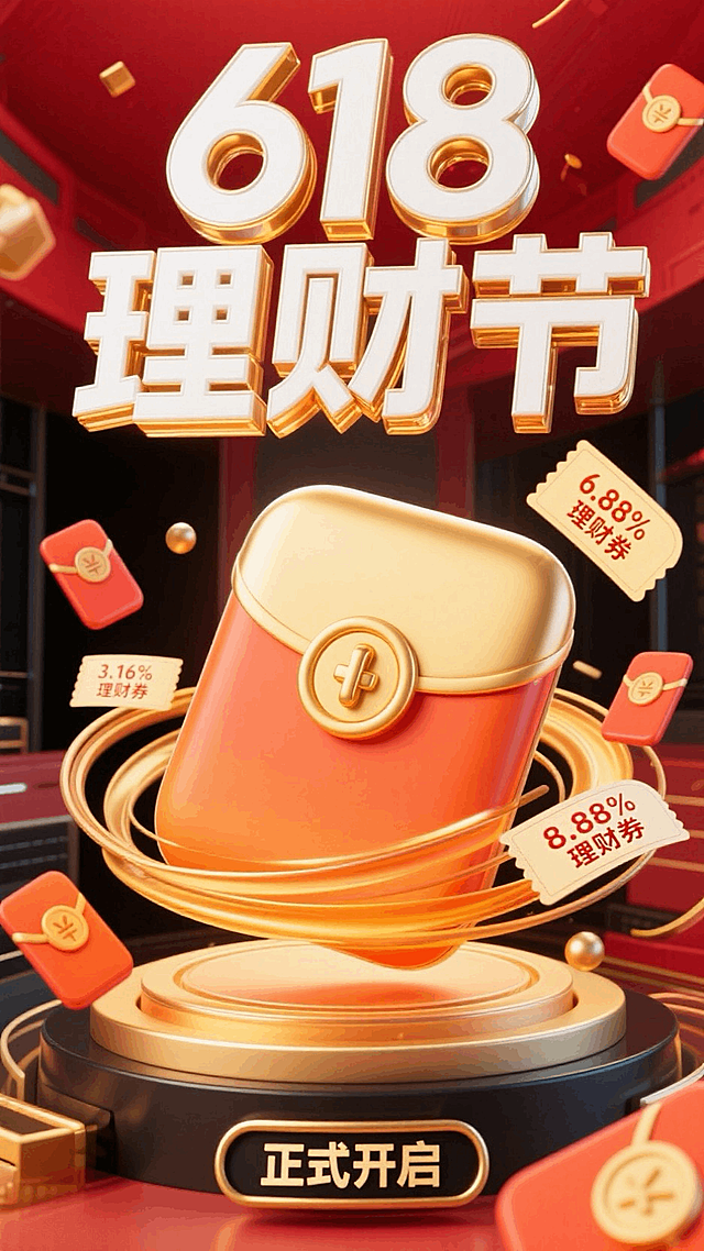 电商理财节海报，顶部"618理财节"标题，红色背景衬托中心旋转的金扣巨型红包，橙金渐变漩涡形，飘落的红包，理财券，底部黑金副标框"正式开启"