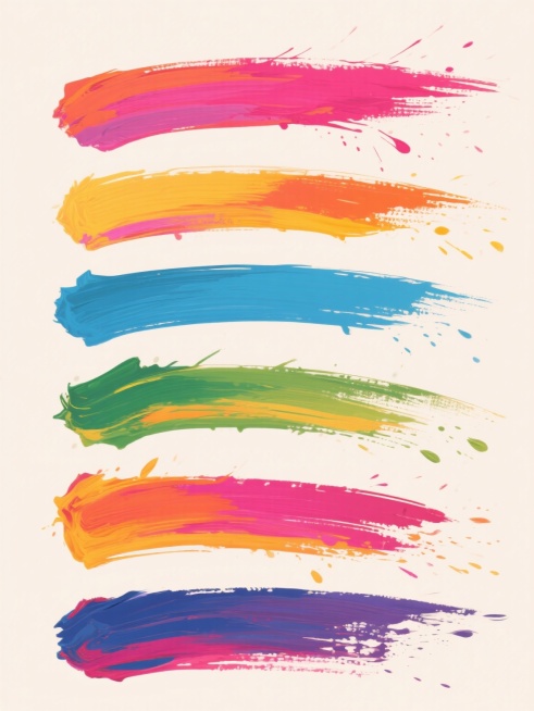 一张浅色背景的海报，上面有6个不同配色、不同样式、不同笔触的「笔刷」元素，它们以规律的方式排列。这些笔刷元素具有浓厚的油画质感，色彩鲜艳饱满，笔触奔放有力，带有明显的飞溅和拖曳效果，营造出一种充满活力和艺术感的氛围。预览效果