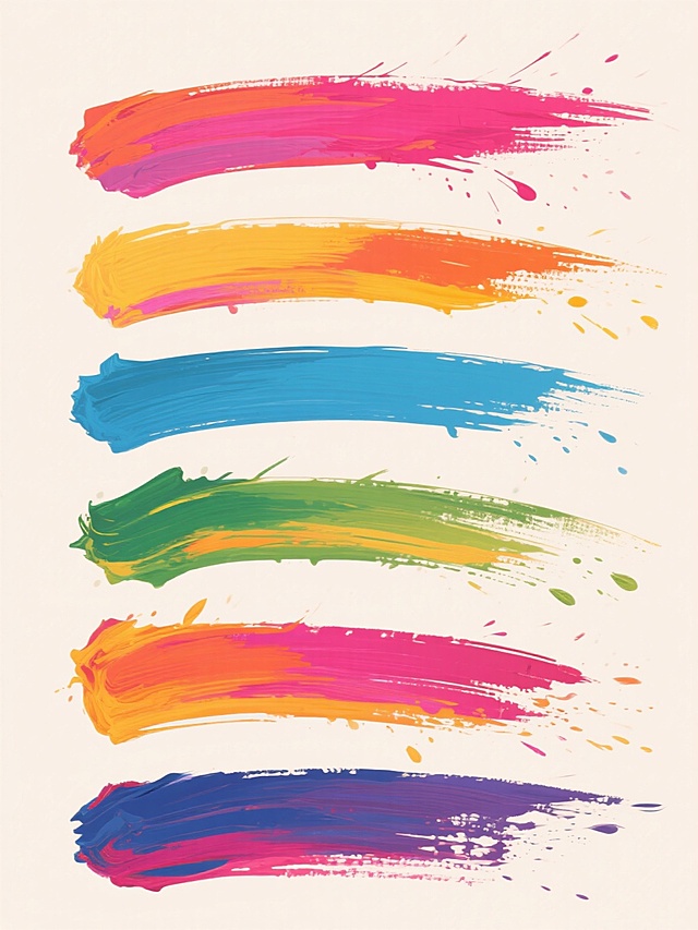 一张浅色背景的海报，上面有6个不同配色、不同样式、不同笔触的「笔刷」元素，它们以规律的方式排列。这些笔刷元素具有浓厚的油画质感，色彩鲜艳饱满，笔触奔放有力，带有明显的飞溅和拖曳效果，营造出一种充满活力和艺术感的氛围。