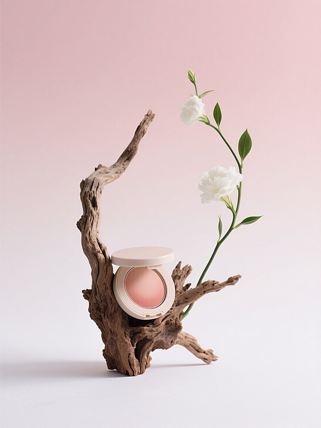 以渐变浅粉色为背景，用造型古朴的枯木作为主体架构，嵌入带盖腮红盘，搭配带白色花朵、绿叶的弯曲花枝