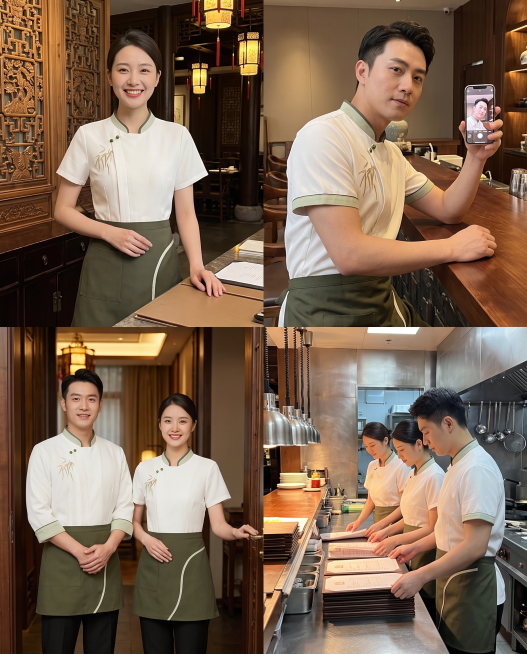【主体保护指令】请保持参考图 1 中【服装】的款式、颜色、材质、领子袖口扣子和原图一致，不做改动或再创作。画面其余元素（模特、场景、光影、构图）按后续描述生成。画面整体为手机实拍买家秀拼图，将4张不同预览效果