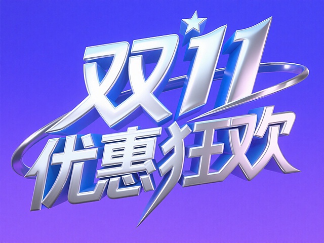 "双11 优惠狂欢"字体，银色金属质感，所有斜笔画向内挤压为弧形锐角，膨胀风向内挤压的弧形笔画设计，字形结构宽大，粗笔画有明显的的粗细变化，酸性风现代艺术字设计，以十字星图形提取笔画灵感，先锋艺术，背景是蓝紫色。