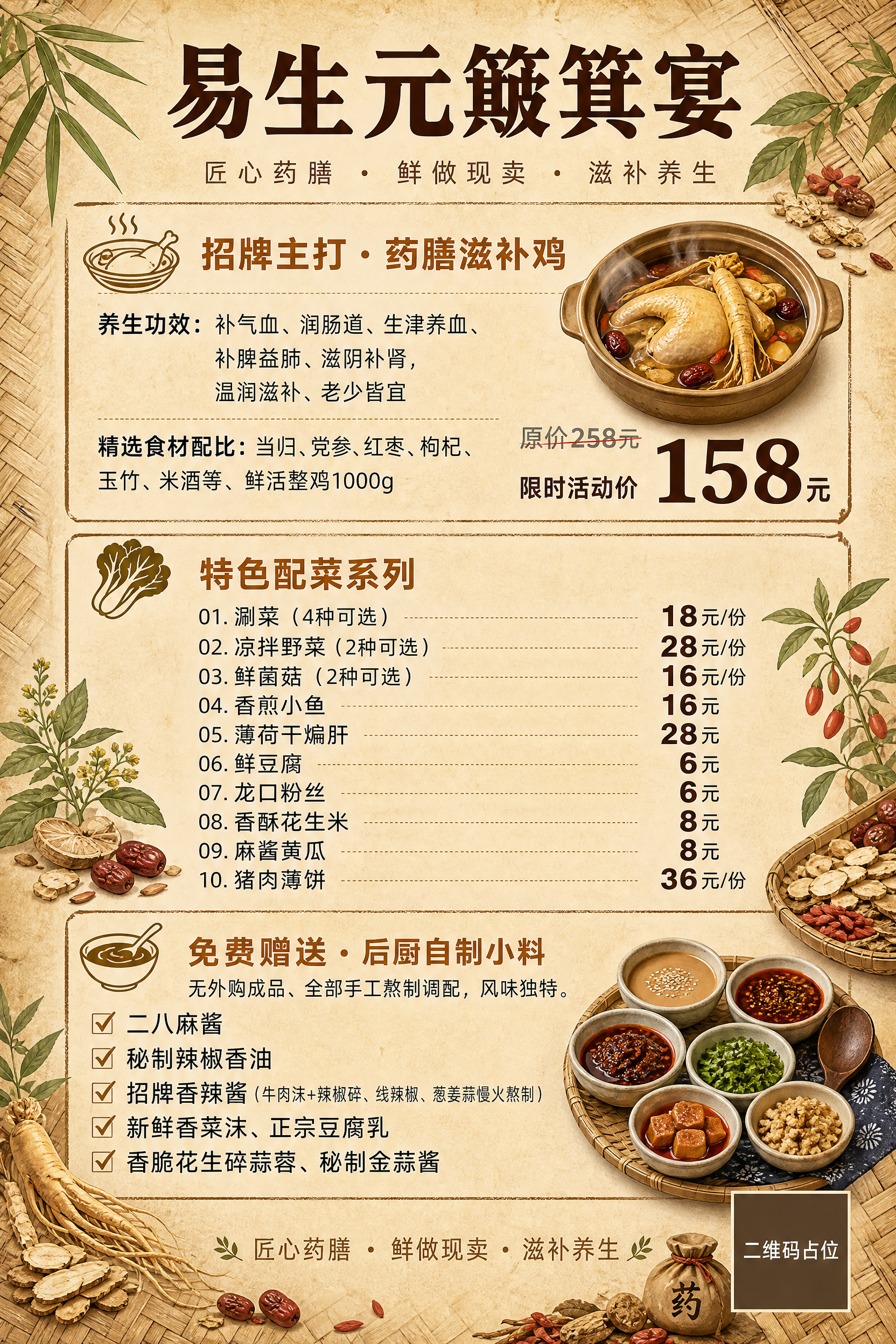 一张A3竖版餐饮菜单海报，竹编原生态山野农家风格，底色为米黄色… - 图片创意预览