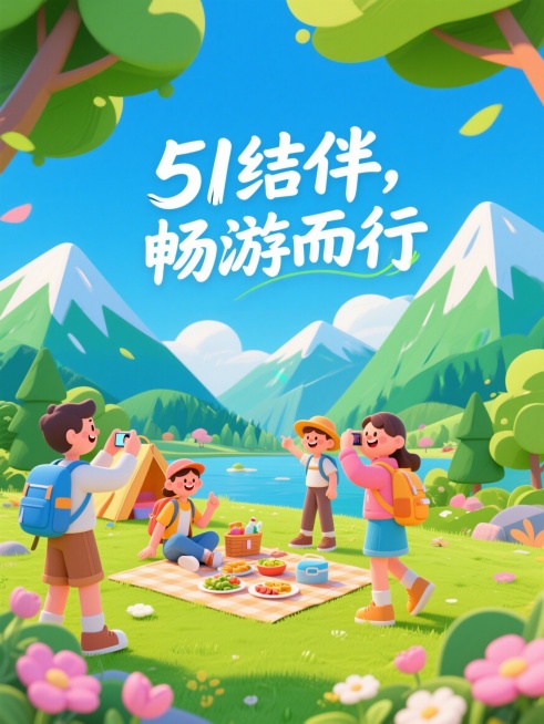 手写艺术标题字体"51结伴，畅游而行"，3D渲染卡通风格，整体画面采用天蓝、草绿、花粉高饱和度色调，五一外出旅游场景，包含青山绿水连绵山脉，背包游客笑容满面，有人拍照有人赏景，地上摆放野餐布与食物，超预览效果