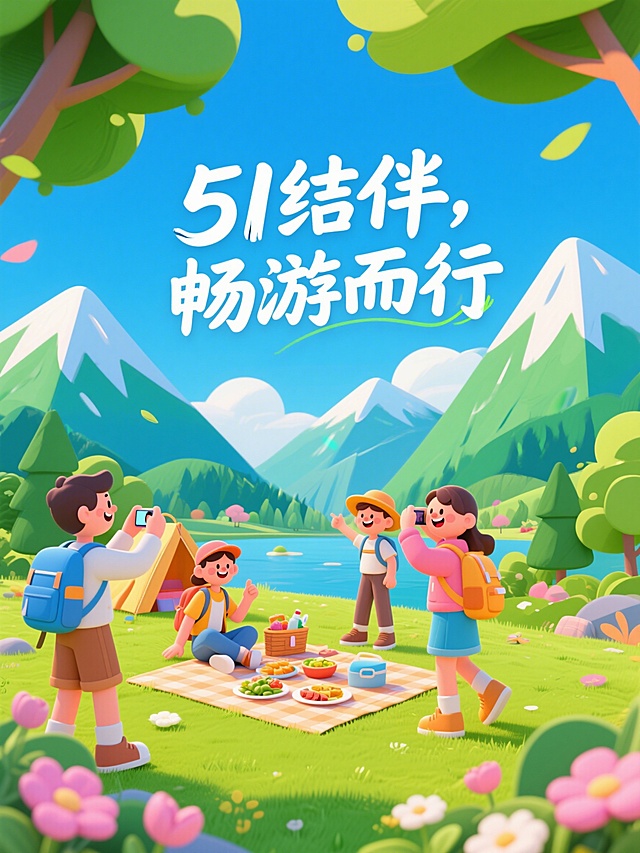 清新自然的插画风，融合卡通与软3D质感，展现五一假期伙伴同行的欢乐场景，充满可爱感与节日氛围。